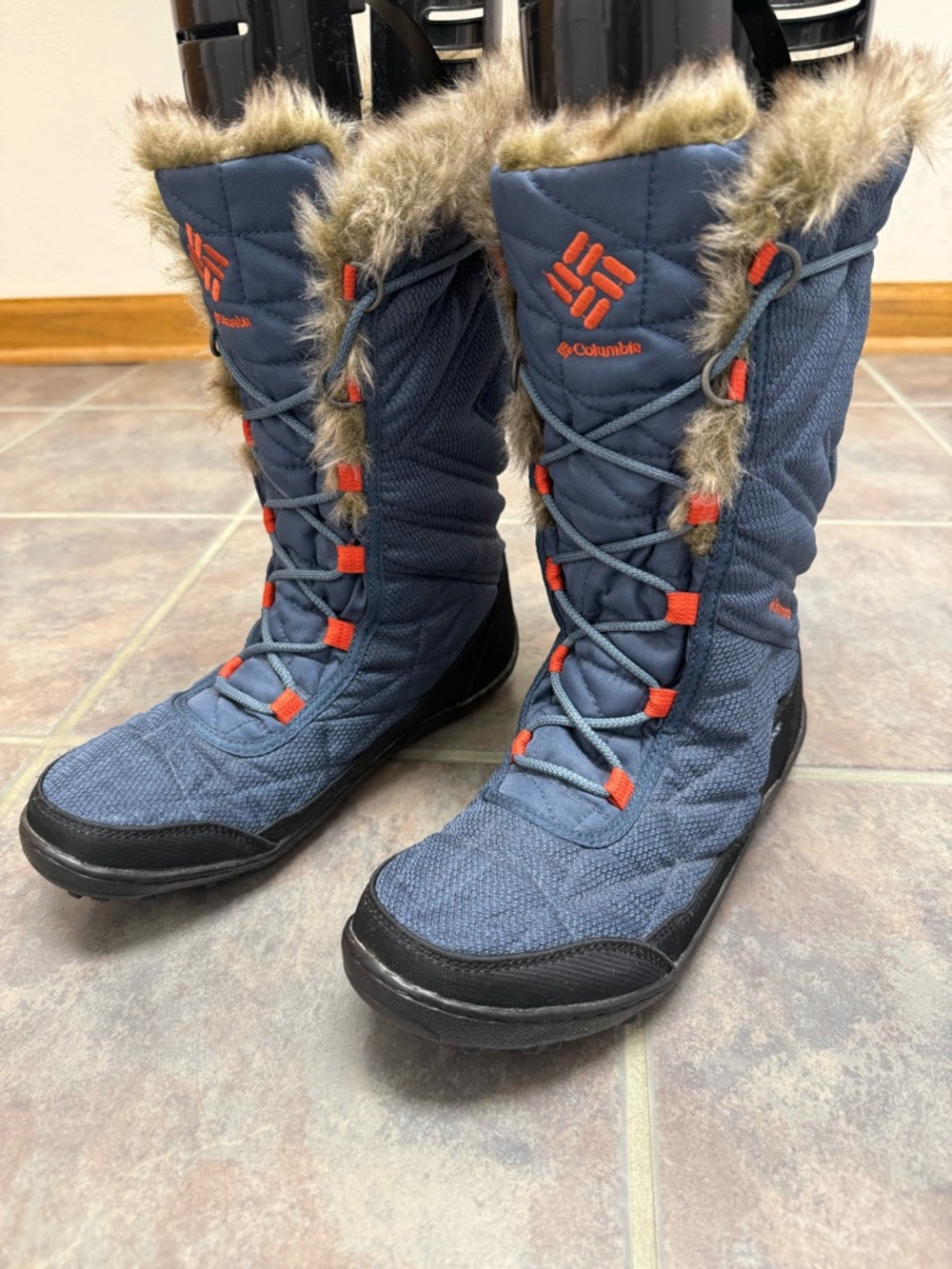 Columbia Navy Blue and Orange Women's Faux Fur Winter Lace-Up Boots